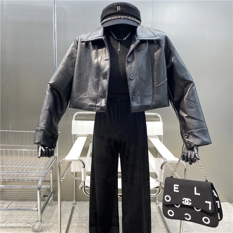 

New Brand Original Design Single Breasted PU Leather Lapel Coat 2021 Fashion Versatile Loose Slim Retro Jacket