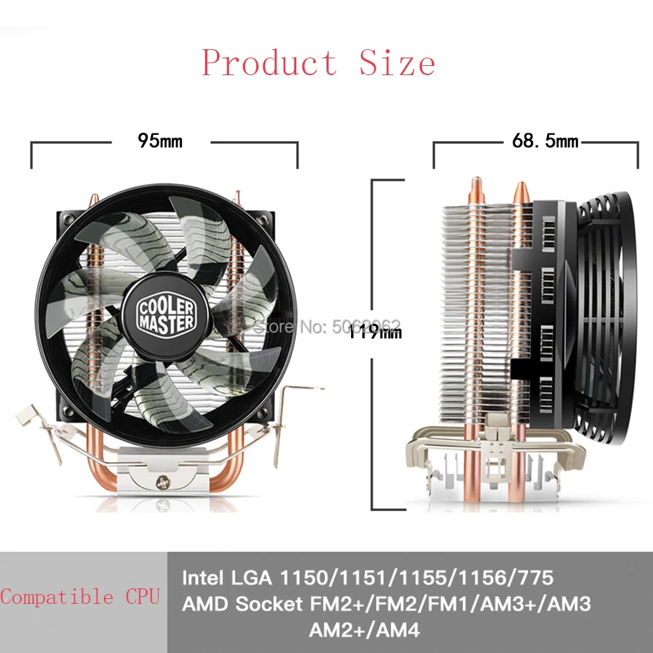 Кулер Cooler Master RR-T2V1-20FK, 2 тепловые трубки, кулер для процессора Intel 775, 115X, AMD AM4, T20, радиатор для процессора, 95,5 мм, тихий охлаждающий светодиодный вентилятор