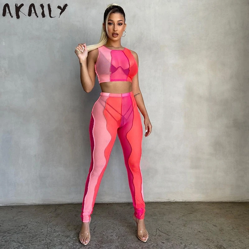 

Akaily 2021 Streetwear Mesh Patchwork 2 Two Piece Sets Womens Outfits Summer Sleeveless See Through Crop Top Bodycon Pants Sets