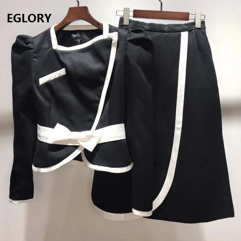 

Elegant Work Suits 2020 Autumn Winter Fashion Business Suit Women Black White Color Block Coat Jackets+Mid-Calf Skirt Sets 2pcs