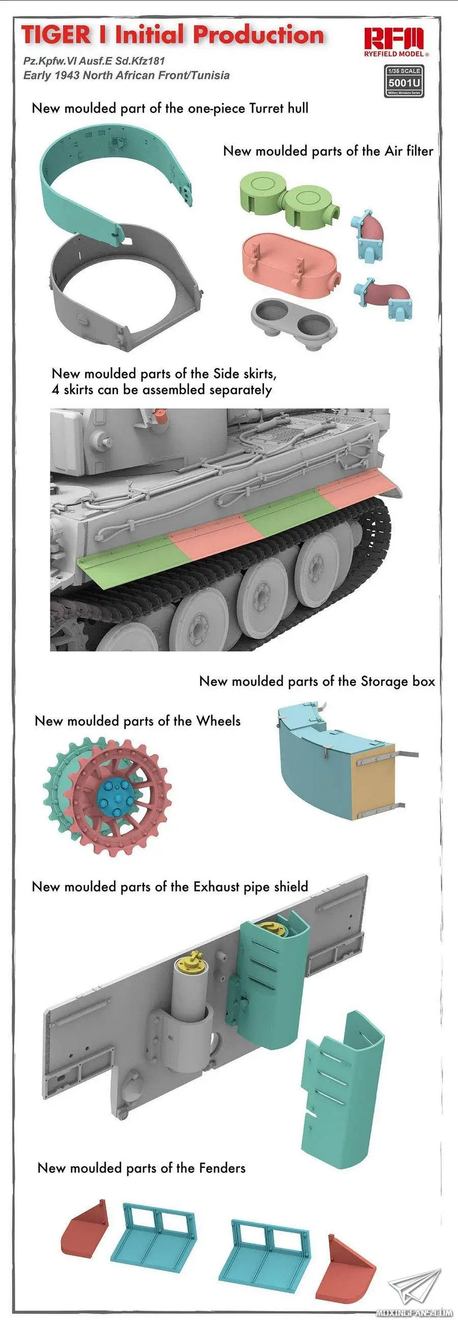 Ryefield 1/35 RM5001U Тигр I PZ.Kpfw.VI Ausf.E sd.kfz.181 Первоначальное производство раннего 1943 года Северо-Африканский фронт/Тунис