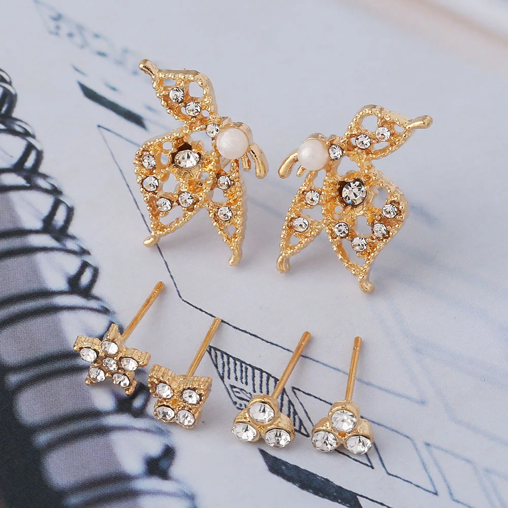 Women's Crystal Earrings Mini Fashion Star Moon Geometric Mixed Rhinestone Flowers Heart Piercing Metal Set Jewelry | Украшения и