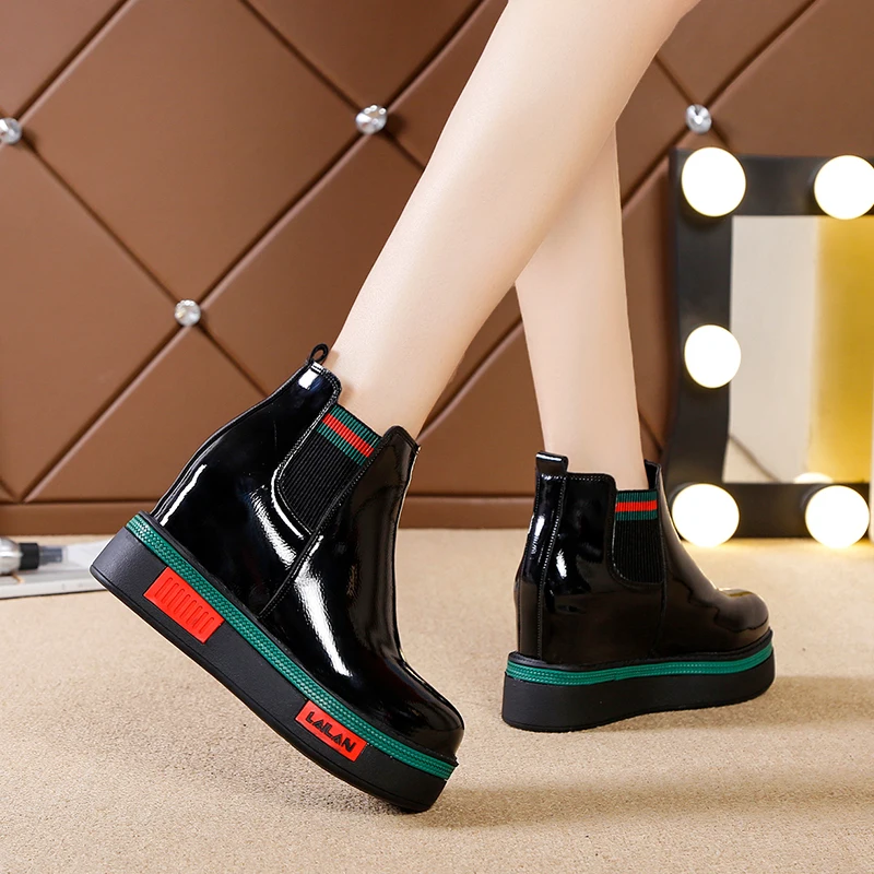 

Kjstyrka 2020 Botas Women Motorcycle Ankle Boots Wedges Female Platforms Black Leather Shoes Woman Botas Mujer size 35-40