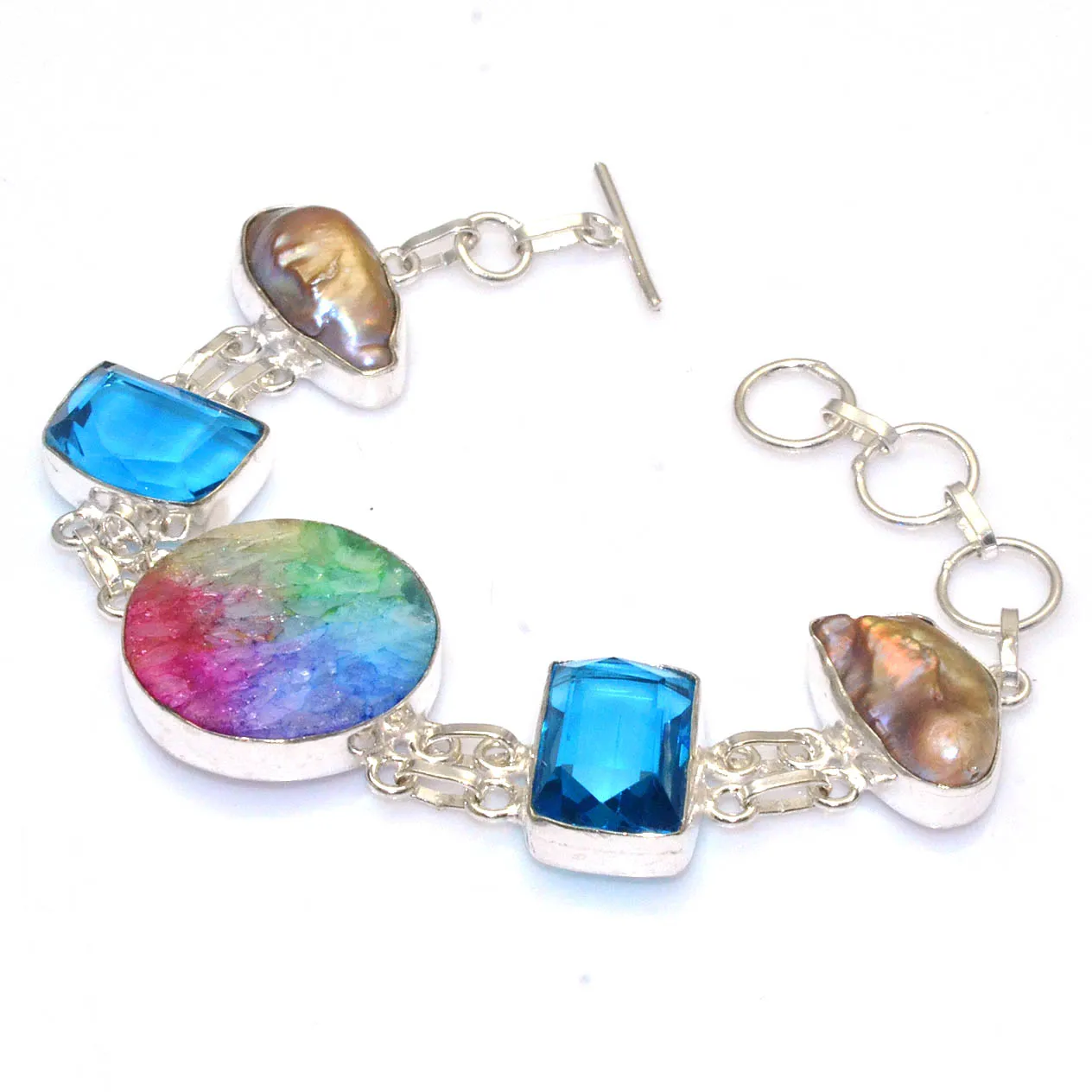 

Браслет из натурального голубого топаза, кварца на солнечной батарее и жемчуга Biwa, Серебряный Верхний слой меди, женская бижутерия, подарок ...