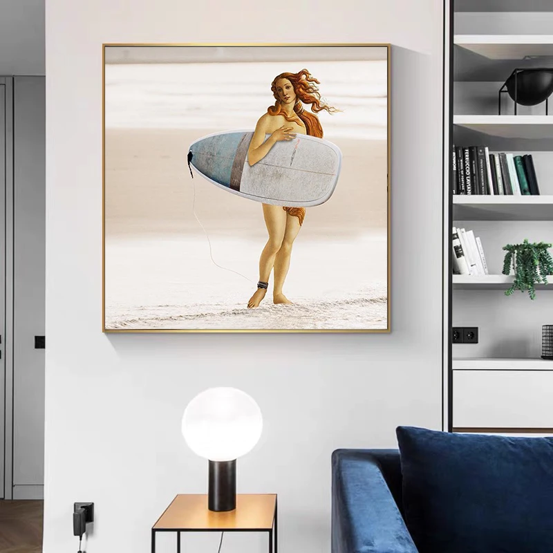 

Retro Woman Surfing By The Sea Posters and Prints Canvas Paintings Wall Art Pictures for Living Room Decor