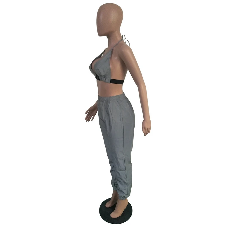 Sun Reflective Cloth Fabric Two Piece Set Backless Crop Top Palazzo Pants Sexy Casual Outfits Halter Sweat Suit Streetwear Loose | Женская