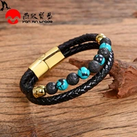 2020 new design genuine leather mens bracelet charms stainless steel magnet 13 style natural stone beads bracelets men jewelry