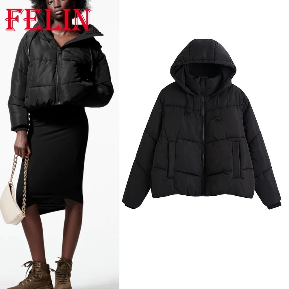 

Za 201 · шикарные однотонные черные женские пальто, пуховик, Женская винтажная куртка с карманами и капюшоном на молнии, модные зимние куртки