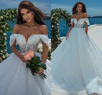 luxury sequin wedding dress 2022 off the shoulder vestido novia plus size lace appliqued bridal wear robe de mariage