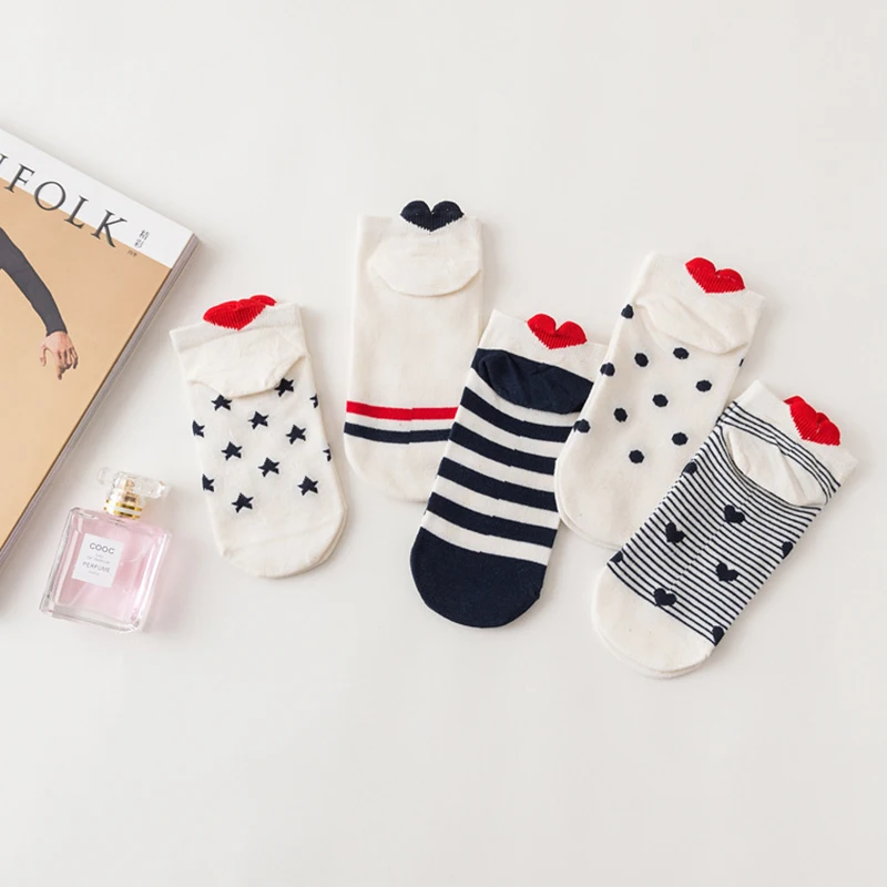 10piece=5pairs/lot Women's Short Socks Set Cute Lovely Sweet Heart Dot Striped Dot Heart Cotton Casual Ankle Socks Pack Sox