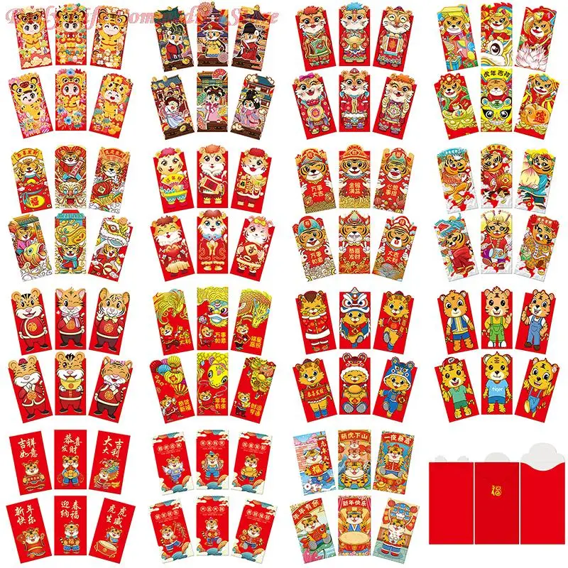 

6Pcs 2022 Year of the Tiger New Year Spring Festival Birthday Creative Hongbao Marry Red Gift Envelope Chinese Red Envelope