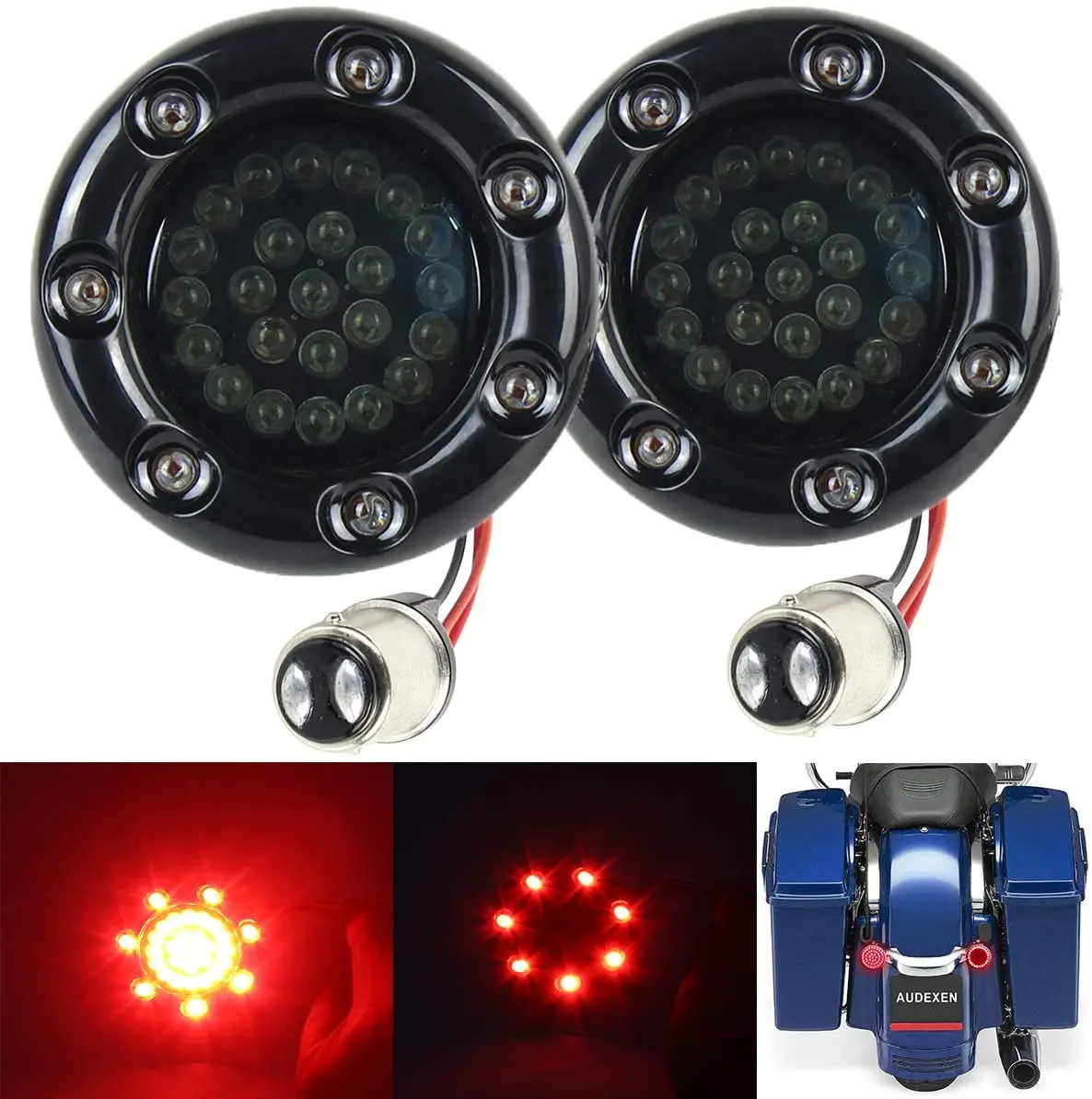 

2" LED Turn Signals w/Brake Running Light Bullet Style Rear Red 1157 LED Turn Signal Kit for Harley Davidson Black Case