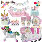 Вечерние товары для девочек с единорогом, розовый Радужный баннер единорог, тарелка, шар, салфетка, обертка для кекса, детский душ, украшение на день рождения
