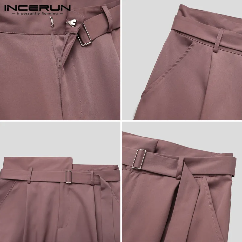 

Mens Straight Pants Solid High Waist Trousers Fashion Irregular Waistband Pantalon INCERUN Male Zipper Pants With Belts S-5XL 7