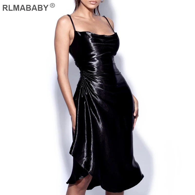 

Fashion Elegant Women Party Lace Up Split Ruched Satin Short Bodycon Dress Sexy Sleeveless Backless Shirring Folds Midi Dress