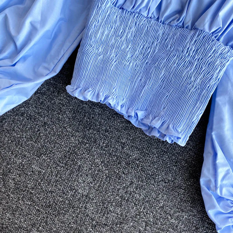 

Spring Korean Lady Fashion Retro Long Lantern Sleeve Elastic High Waist Short Shirt Autumn Slash Neck Solid Color Blouse