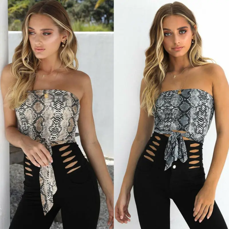 Женский топ-бандо со змеиным принтом серо-коричневый | Женская одежда