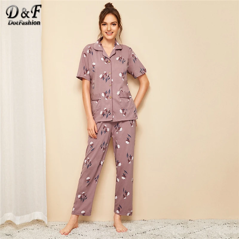 Dotfashion/топ с цветочным принтом и v-образным вырезом на пуговицах и штаны для женщин; коллекция года; осенние пижамные комплекты с карманами; женская повседневная одежда для отдыха