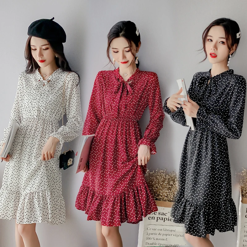 Женское винтажное платье-миди TingYiLi шифоновое платье с длинным рукавом бантом и