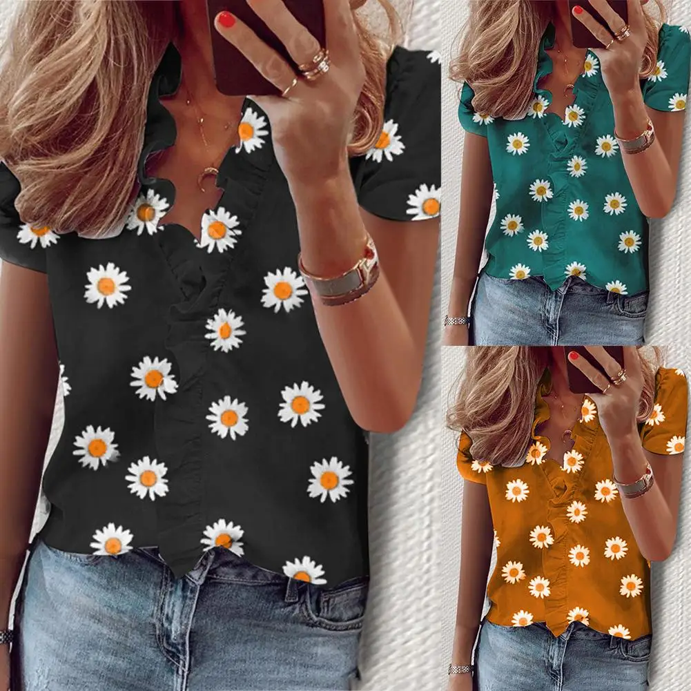 

Женская Повседневная Блузка с коротким рукавом, свободная футболка с оборками по краям и принтом Маргерита, топ, пуловеры, модная летняя оде...
