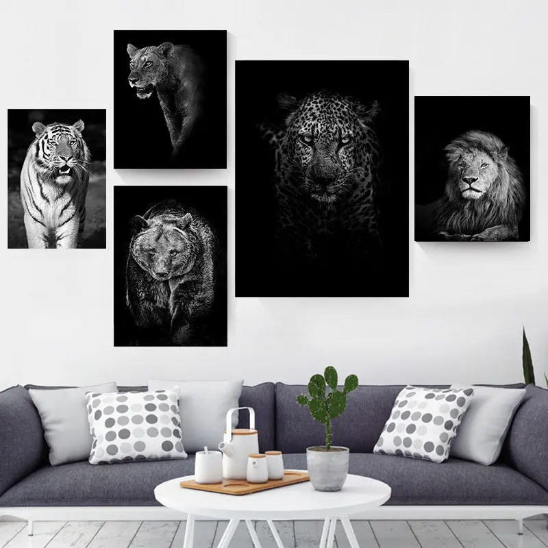 Черно-белое животное скандинавские CanvasPainting стены искусства Жираф леопард лев печать и плакат для гостиной домашний фон Декор