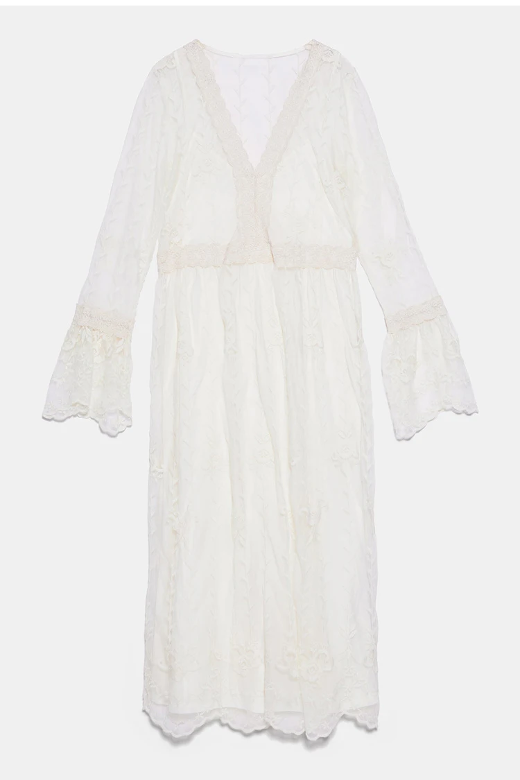 

Dress Spring/Summer Women 2021 New Dress Fashion Casual Lace Embroidery V-neck Long-sleeved Dress with Lining