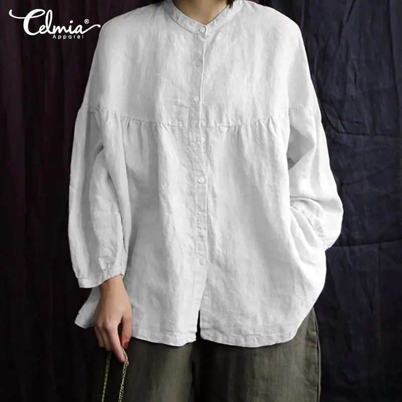 В винтажном стиле Из хлопка и льна Топ Celmia 2021 осенние женские блузки с буффами на