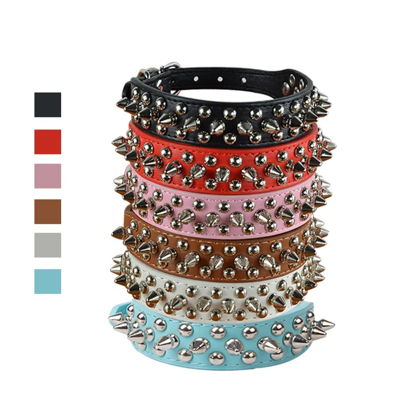 6 цветов регулируемые ошейники из искусственной кожи с заклепками шипами для