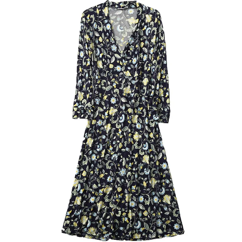 

L & y new summer knitted silk V-neck elegant long dress silk print fold collar 7-point sleeve swing dress