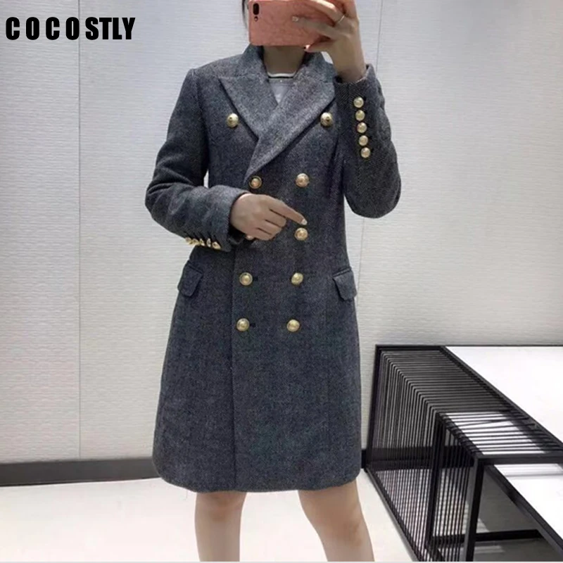 

Women New Autumn Winter Notched Double Breasted Stripes Casual Slim Wool Coat Female Long Grey Coats manteau femme