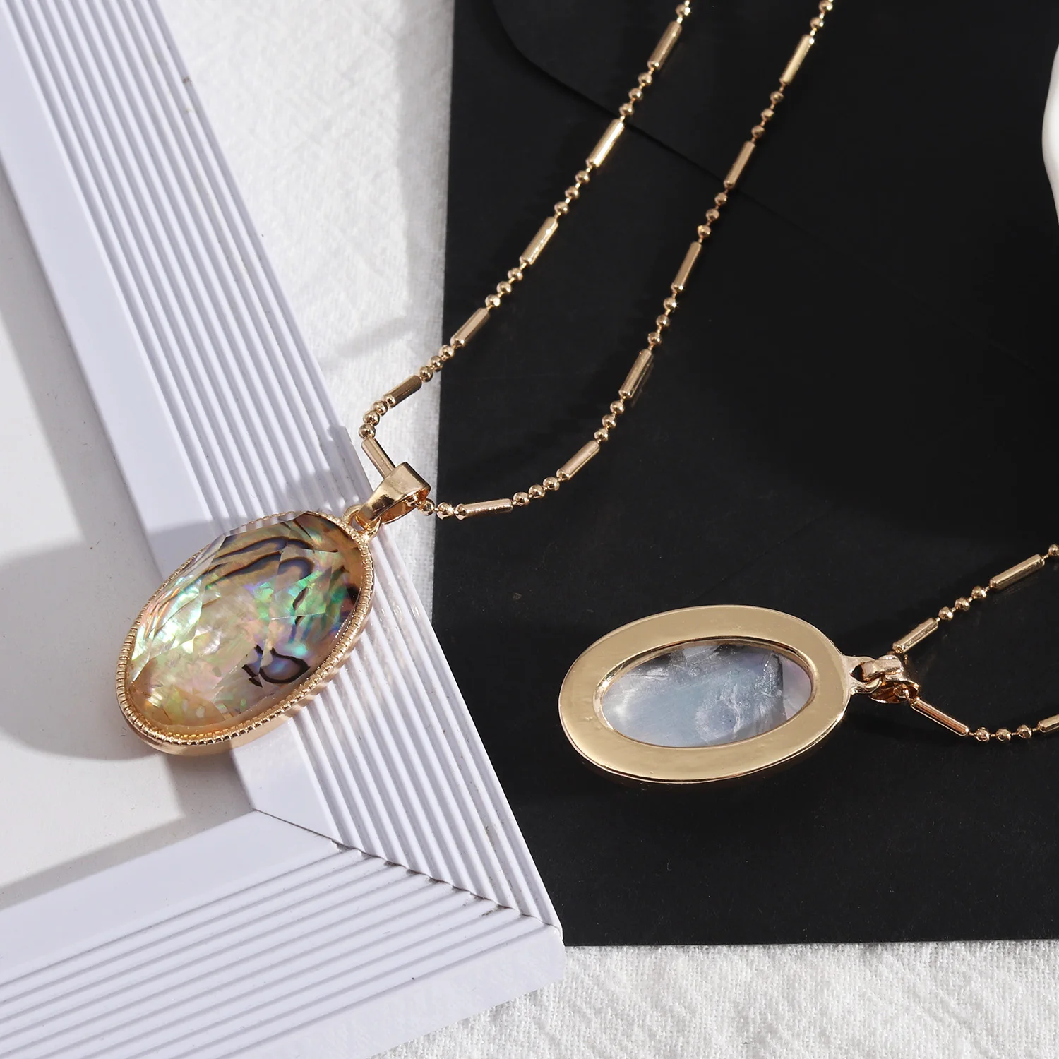 

Hot Selling Faceted Abalone Stone Inaly Oval Pendant Necklace Mother Of Pearl Stone Choker Wholesale