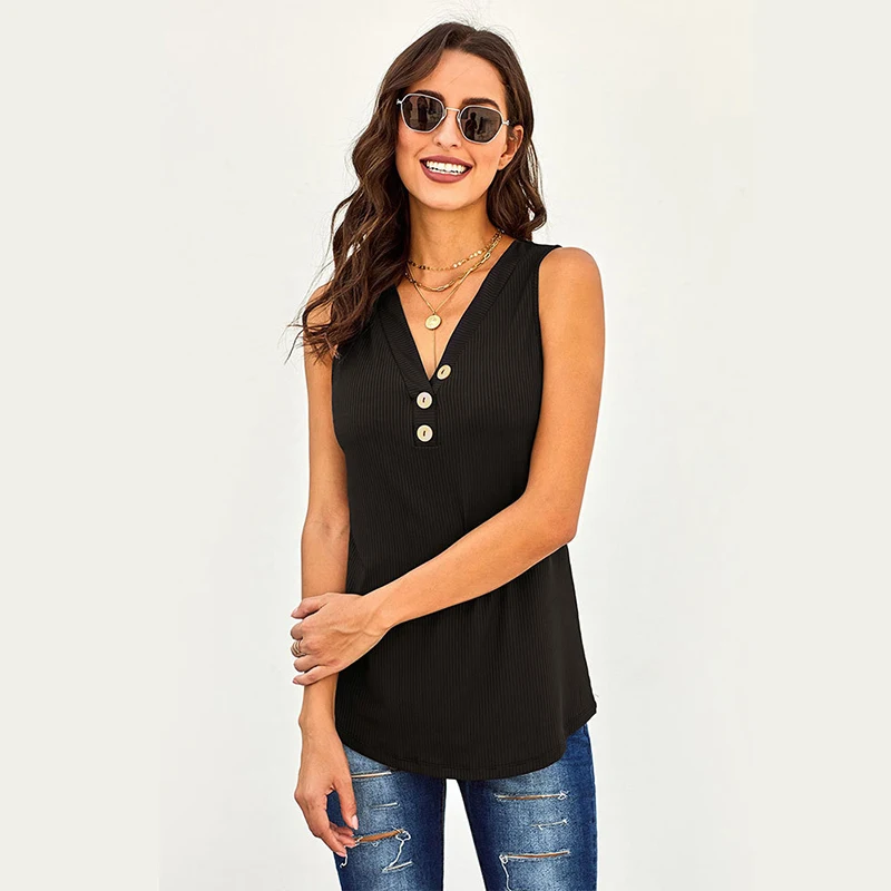 Майка женская с V-образным вырезом без рукавов на пуговицах | Женская одежда