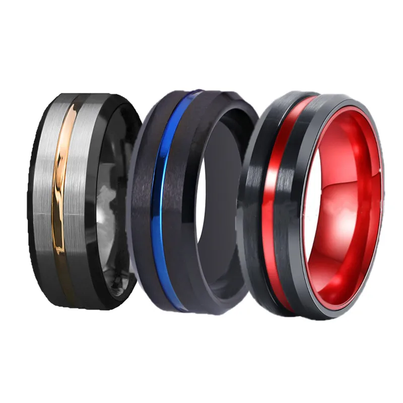 

FDLK 3 Styles Classic Wedding Rings For Men's Stainless Steel Ring Black Steel with Red Blue Aluminum Engagement Ring