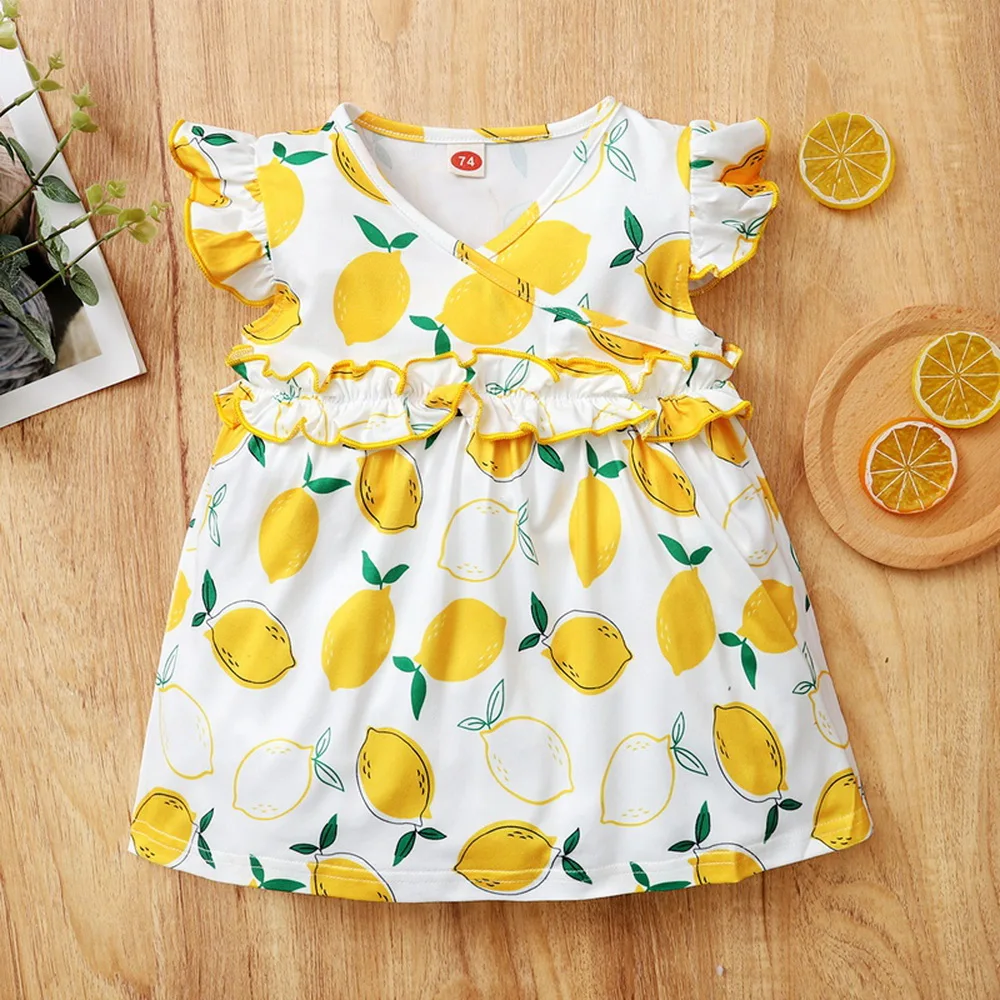 

Kids Dresses For Grils Summer Baby Girls Fly Sleeve lemon print Dress Popularity Ruffled Dresses abiti per bambini D30