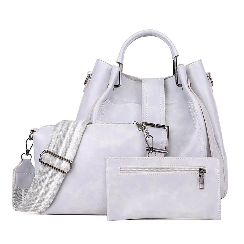 

Pooflower Fashion PU Leather Bucket Hand Bag for Women Design Top Shoulder Bag and Wallet 3 Pcs