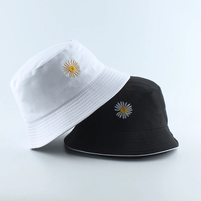 

Summer Daisies Embroidery Bucket Hat Women Cotton Fashion Sun Cap Girls Reversible Daisy Bob Sun Femme Floral Panama Hat