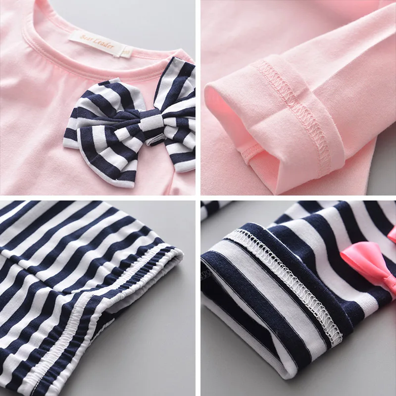 

Girls' clothes spring and autumn style 3-8y girls sets round neck bow knot applique long sleeve + striped pants two-piece suit