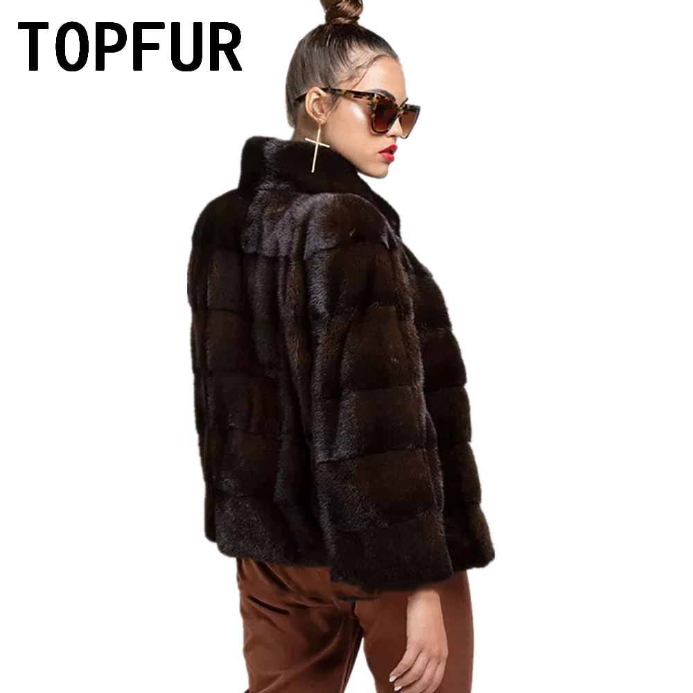 TOPFUR Dark Coffee Winter Women's Coat Plus Size Real Mink Fur Coats Genuine Leather Jackets Short Real Fur Coat Spring