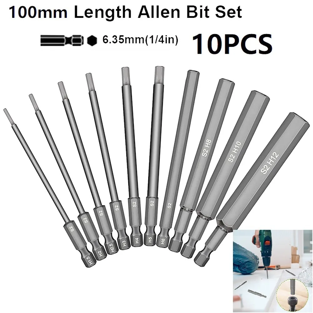 

1/4 Inch Hex Screwdriver Bits 100mm 10pcs Hex Head High Hardness S2 Steel