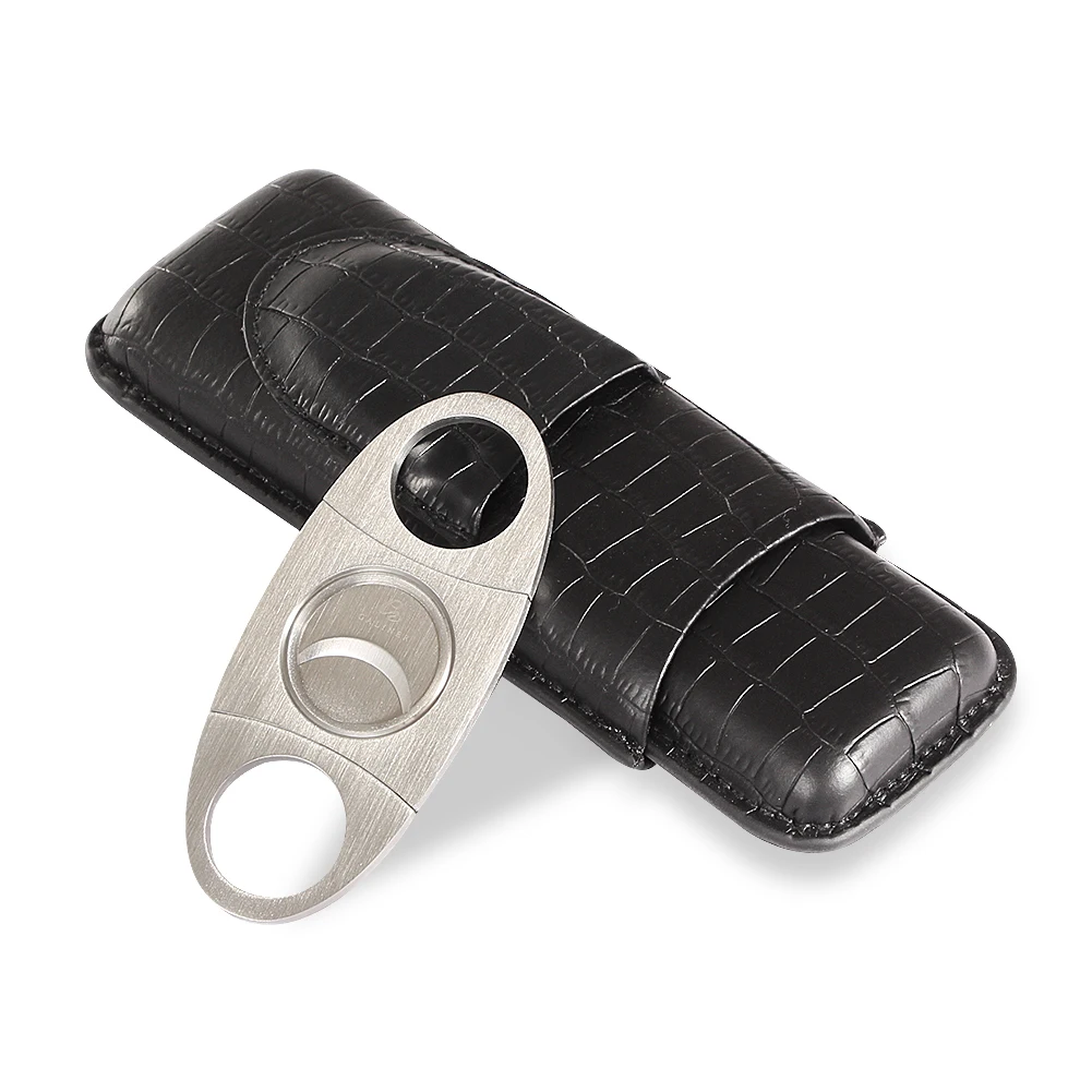 

Leather Travel Cigar Case Portable 2 Tube Holder Humidor Cigars Accessories For Cohiba W/ Cigar Cutter & Gift Box