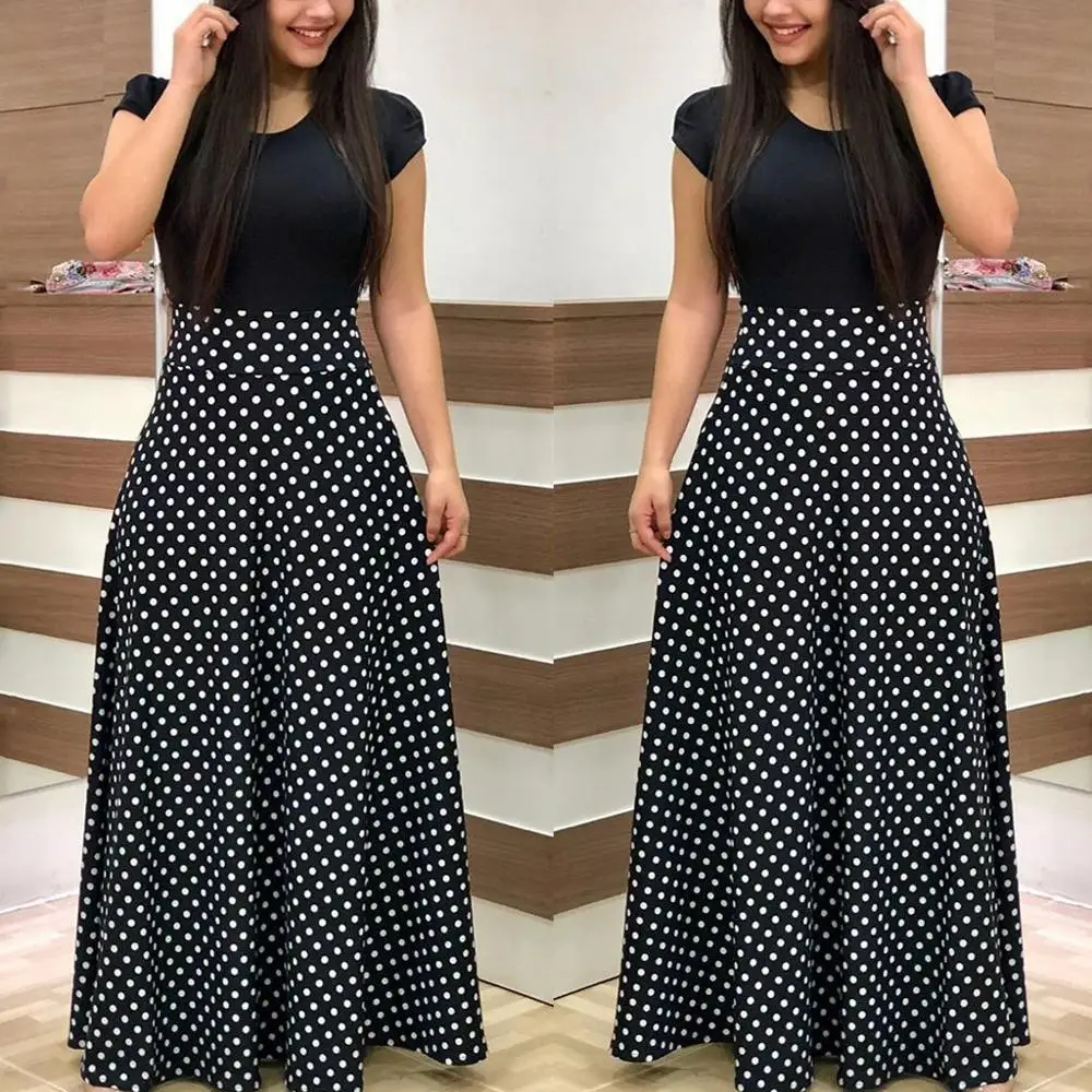 

2020 Women Plus Size Bohemian Long Sleeve Maxi Dress Color Block Polka Dot Floral Patchwork Bodycon Empire Waist Vintage S-5XL