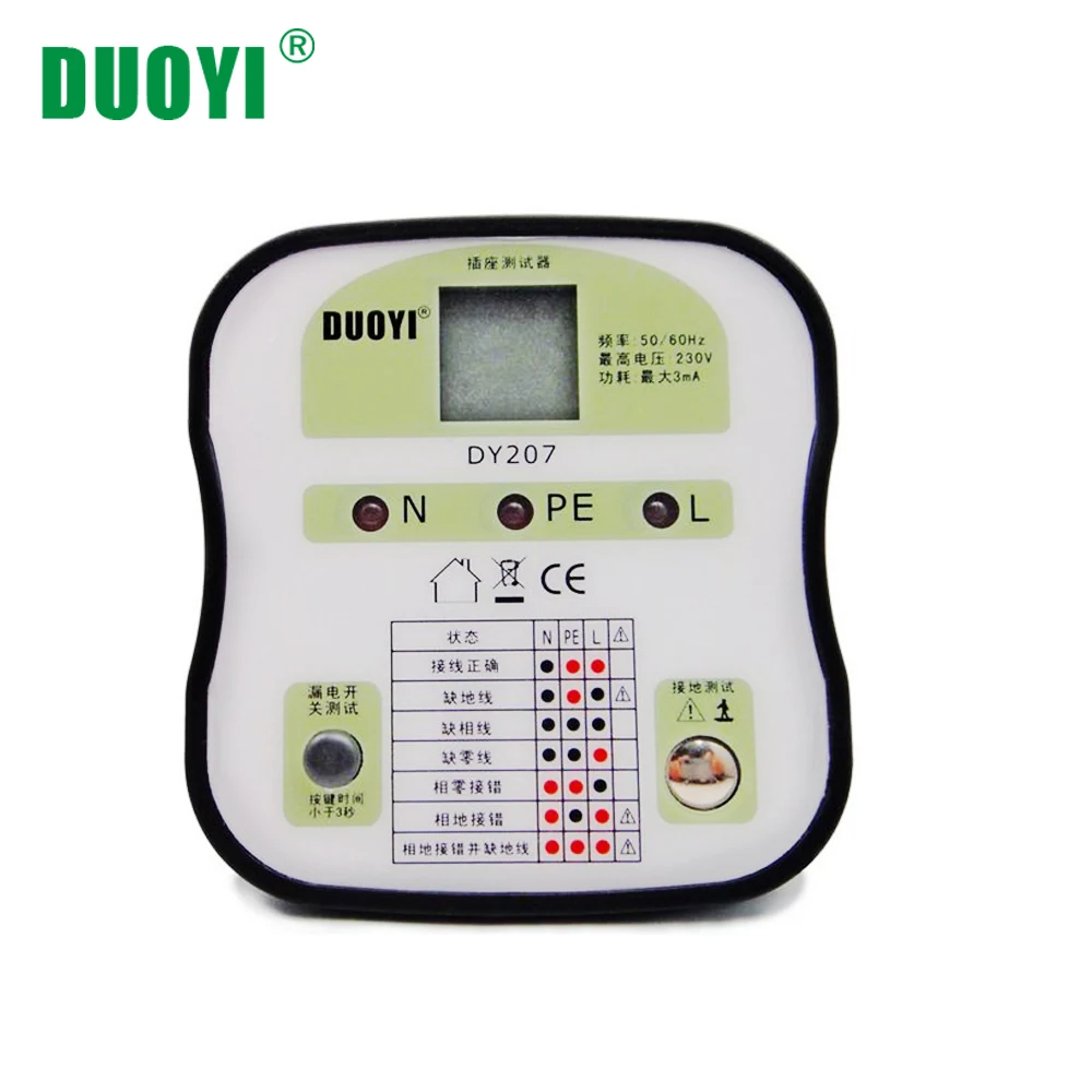 DUOYI DY207 тестер электрической розетки штепсельной вилки RCD ECLB с ЖК-дисплей электронные розетки автоматический выключатель Finder анализ ЕС США Великобритания CN