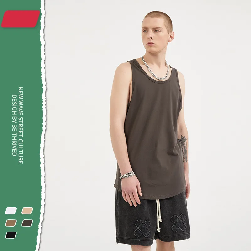 

2021 summer new trend street curved hem men's cotton vest rock loose vest bottoming shirt T-shirt basketball sports fitness top
