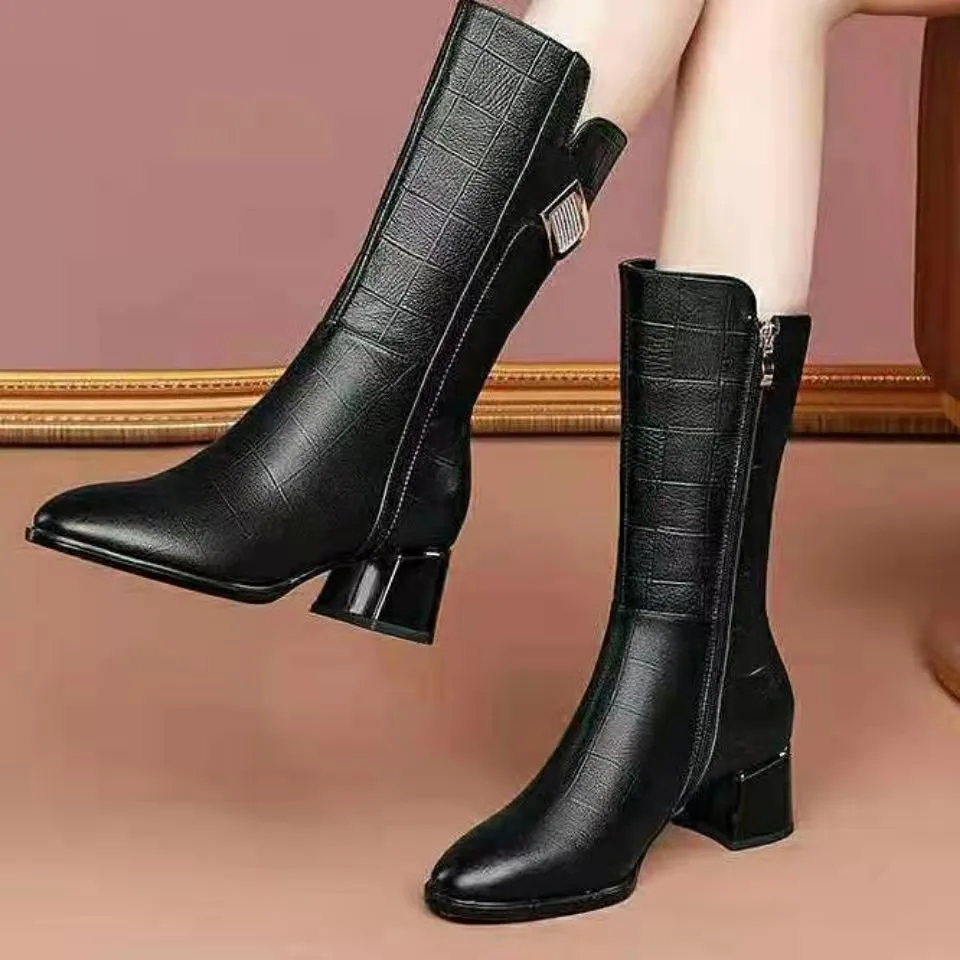 

Short Boots Woman 2021 Mid Calf Boots Women's Winter Shoes Plush Booties Bowtie Block Heel Side Zipper Female Footware Black