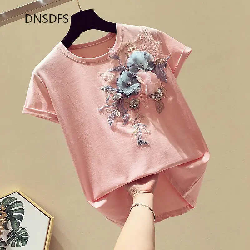 

95% Cotton Tops Sweet Flower Embroidery T Shirt Women Summer Short Sleeve Top Fashion Korean Beading T Shirts Loose Tees White