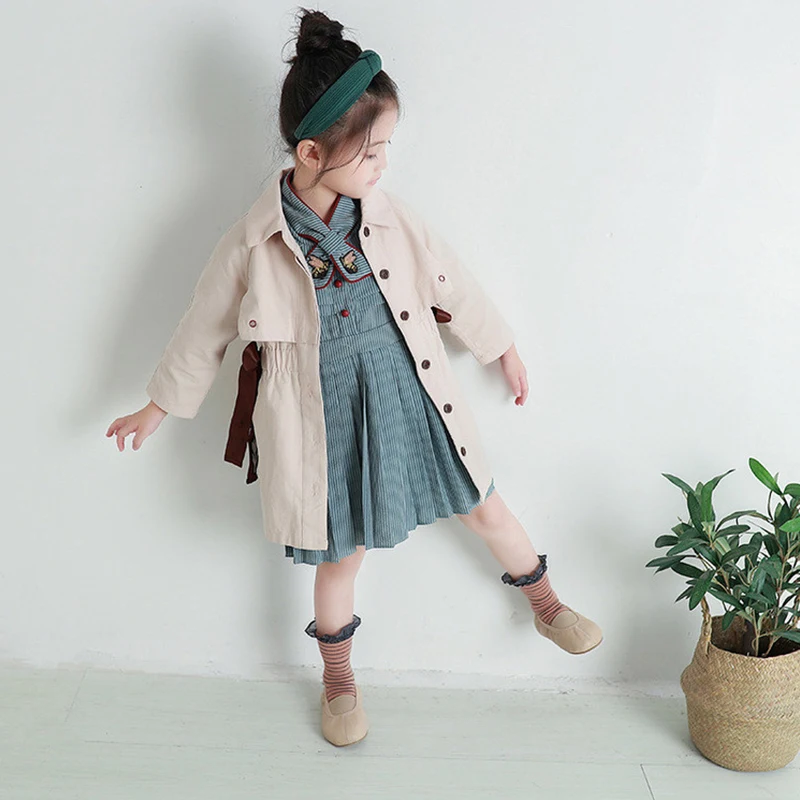 Куртки-тренчи для маленьких девочек куртка в британском стиле Одежда длинная
