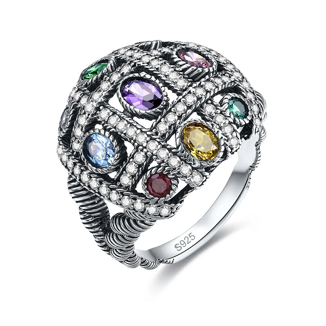 Кольцо из стерлингового серебра в стиле ретро красочное циркониевое ювелирное