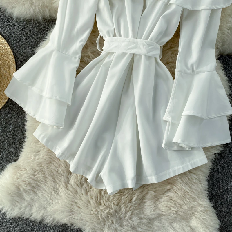 

KUSAHIKI Sexy Slash Neck Flare Sleeve Jumpsuits Spring Bow Tie Slim Waist Women Romper 2021 New Wide Leg Shorts Bodysuits 6E449