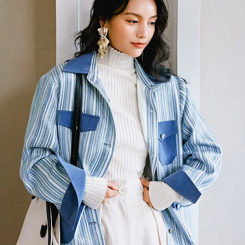

Streetwear Autumn 2021 Women Stitching Hit Color Striped Ladies Jacket Loose Jaquetas Feminina Fashion Female Casual Outerwear