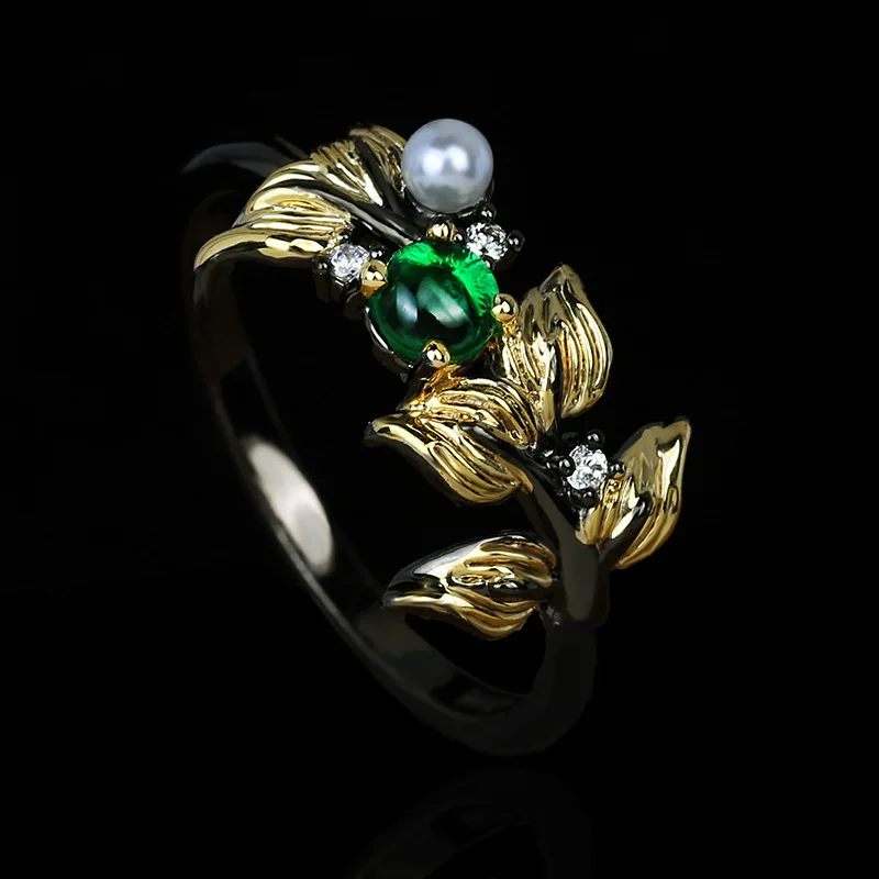

Retro Classic Golden Leaf Black Gold Ring Pearl Green Diopside Women's Jewelry Ring Wedding Bridal Ring Jewelry